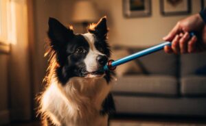 Illustration von einem Hund, der mit Begeisterung und Konzentration den Trick "Target-Training" ausführt, indem er mit seiner Nase einen bunten Targetstab berührt.