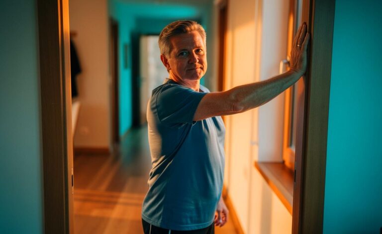 Illustration von einer Person ab 55, die eine Türrahmen-Dehnung für stabile, schmerzfreie Schultern ausführt