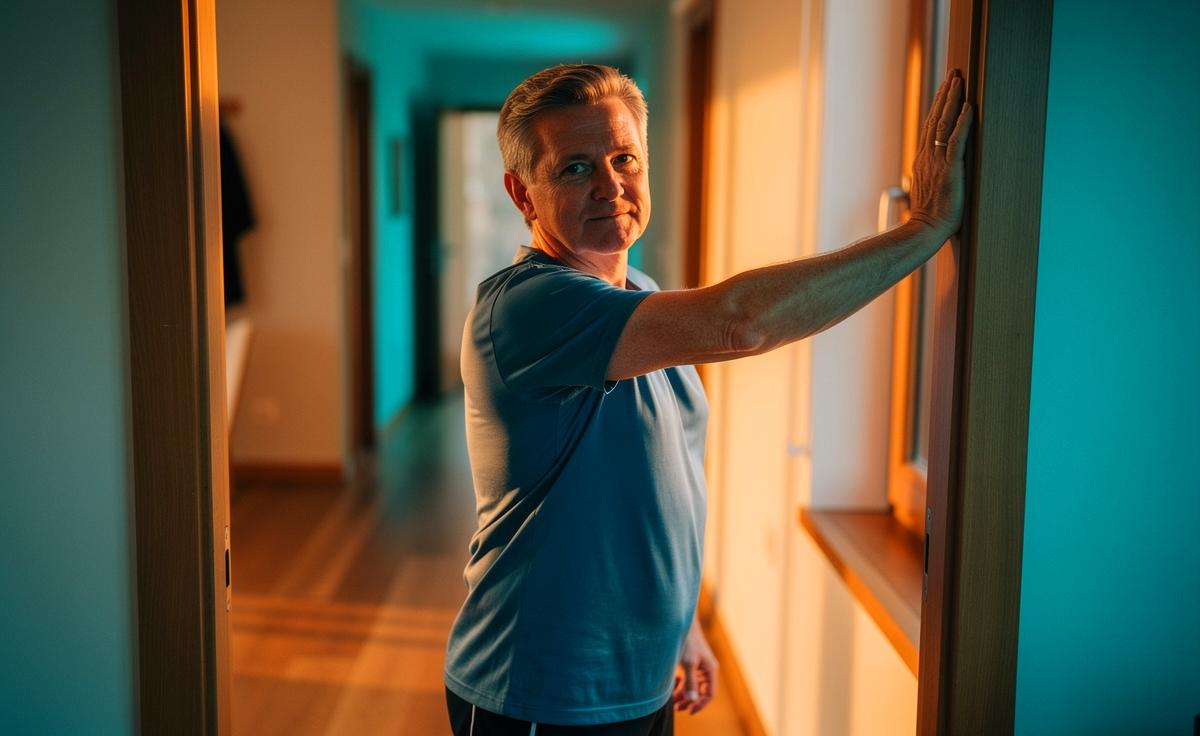 Ab 55 Jahren empfehlen Orthopäden diese kurze Dehnung am Türrahmen für stabile Schultern ohne Schmerzen.