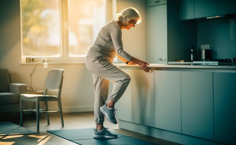 Illustration von einer Seniorin im Einbeinstand zu Hause an einer Arbeitsplatte zur Sturzprävention und für mehr Gehsicherheit