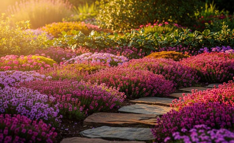 Illustration von einem sonnigen Beet mit sommerblühendem, pflegeleichtem Bodendecker-Teppich aus kriechendem Thymian, der Unkraut dauerhaft unterdrückt
