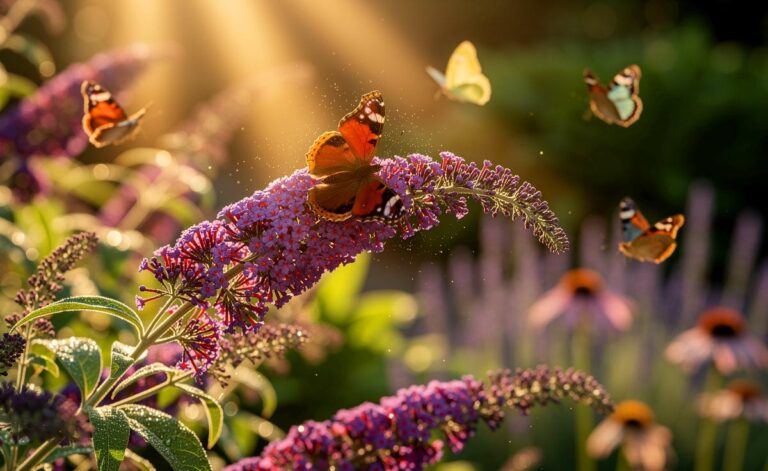 Illustration von [Sommerflieder (Buddleja davidii) in voller Sommerblüte, umschwärmt von Schmetterlingen im sonnigen Garten]