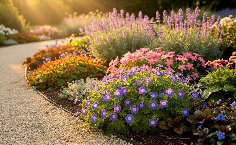 Illustration von sommerblühenden, robusten Bodendeckern wie Geranium ‚Rozanne‘ und Nepeta, die dichte Teppiche bilden und Beete dauerhaft unkrautfrei halten