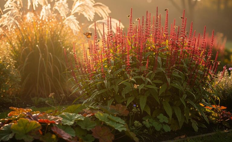 Illustration von Kerzen-Knöterich (Persicaria amplexicaulis), der Giersch (Aegopodium podagraria) natürlich verdrängt und bis in den späten Herbst leuchtend blüht