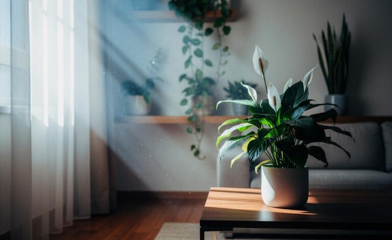 Illustration von Einblatt (Spathiphyllum) als schattenverträgliche Zimmerpflanze zur Verbesserung der Innenraumluft