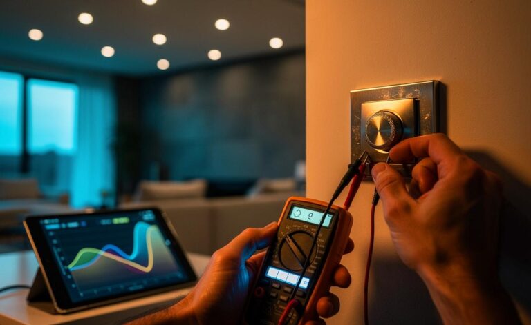 Illustration von einem Elektriker, der LED-Lampen mit passendem Dimmer testet und Probleme falscher Dimmer wie Flimmern und Überhitzung aufzeigt