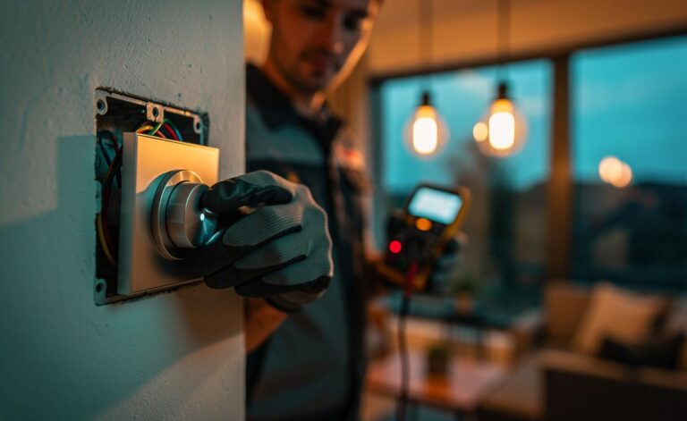 Illustration von [einem Elektriker, der eine LED-Lampe mit passendem Dimmer installiert und kalibriert]