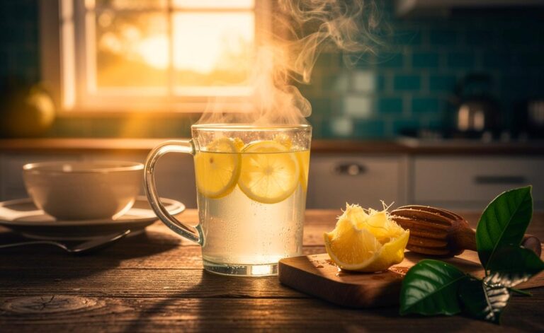 Illustration von lauwarmem Zitronenwasser auf nüchternen Magen zur Unterstützung der Leber