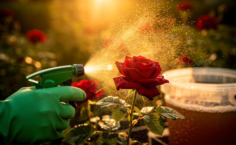 Illustration von der Ausbringung belüfteten Komposttees auf Rosen zur Vorbeugung gegen Schwarzfleckenkrankheit, Mehltau und Rosenrost