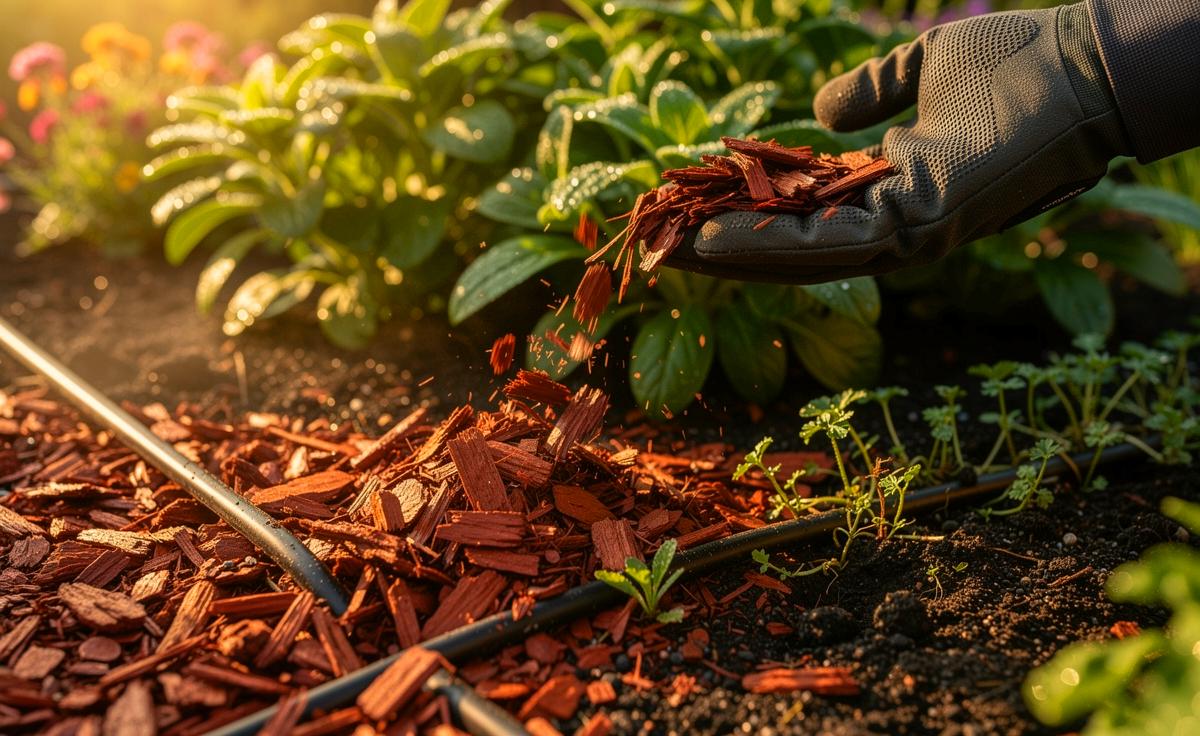Ein Gärtner erklärt, warum Rindenmulch die Beete feucht hält und Unkraut unterdrückt.