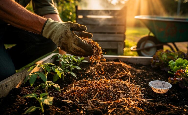 Illustration von einem Gärtner, der Kaffeesatz kompostiert und als Mulch in den Gartenboden einarbeitet