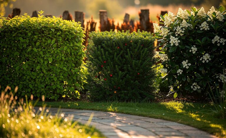 Illustration von drei einheimischen Hecken – Hainbuche, Eibe und Liguster – als dauerhafter Ersatz für Thuja-Hecken im naturnahen Garten