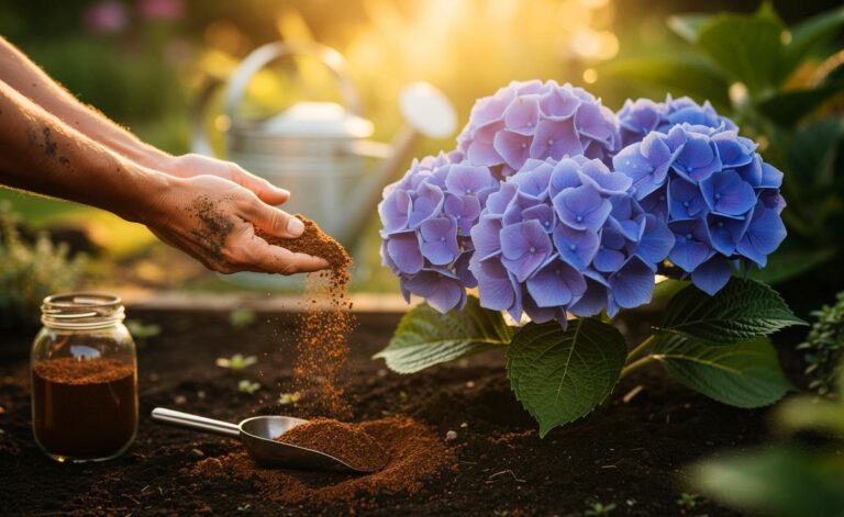 Illustration von getrocknetem Kaffeesatz, der um Hydrangea macrophylla verteilt wird, um die Blaufärbung der Blüten zu verstärken