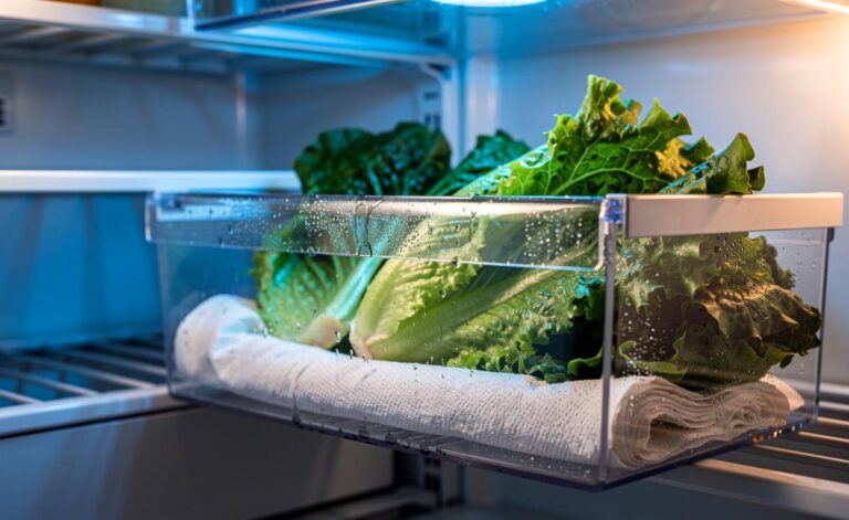 Illustration von einem Gemüsefach im Kühlschrank mit Blattsalat in einer Frischhaltebox, unterlegt mit feuchtem Küchenpapier zur Verlängerung der Haltbarkeit