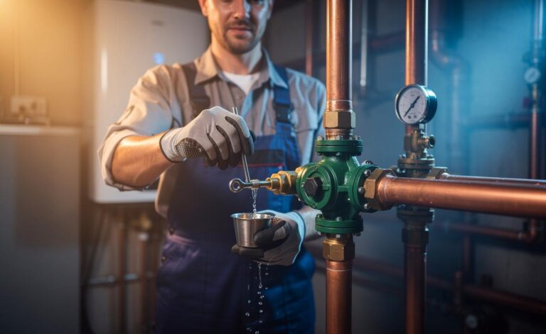 Illustration von einem Heizungsfachmann, der eine Heizungspumpe jährlich entlüftet, um Strom- und Heizkosten zu senken