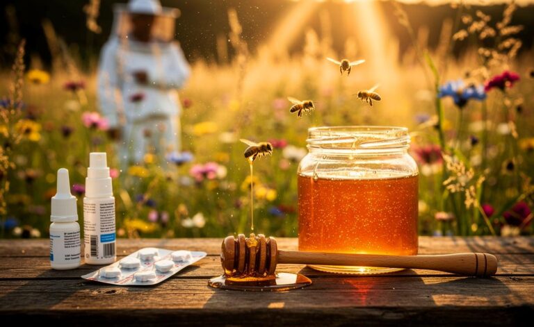 Illustration von [einem Imker, der ein Glas regionalen Rohhonigs vor einer blühenden Wiese mit Pollen präsentiert; daneben Apothekenprodukte als Vergleich zur Allergielinderung bei Heuschnupfen]
