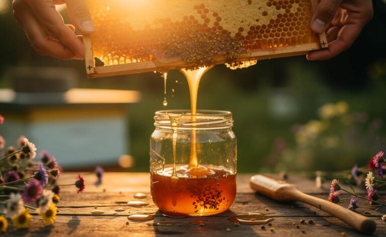 Illustration von rohem Honig und imkerlicher Verarbeitung zur natürlichen Stärkung der Abwehrkräfte