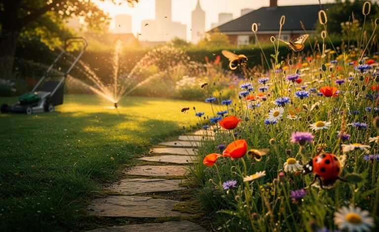 Illustration von einer heimischen Wildblumenwiese im Kontrast zu einem englischen Rasen, mit Wildbienen, Schmetterlingen und naturnaher Strukturvielfalt