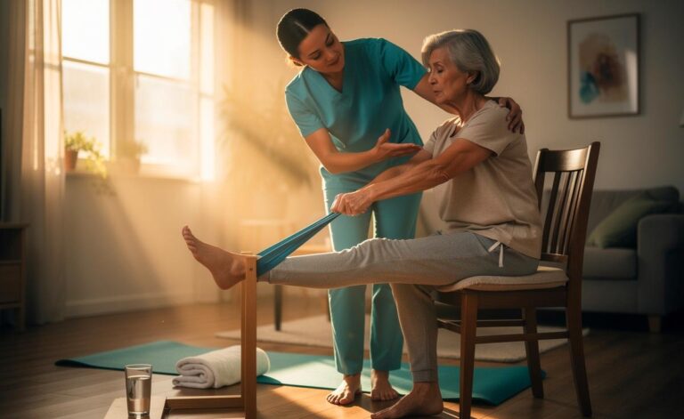 Illustration von älteren Erwachsenen, die am Morgen unter physiotherapeutischer Anleitung sanfte Dehnübungen gegen Morgensteifigkeit ausführen