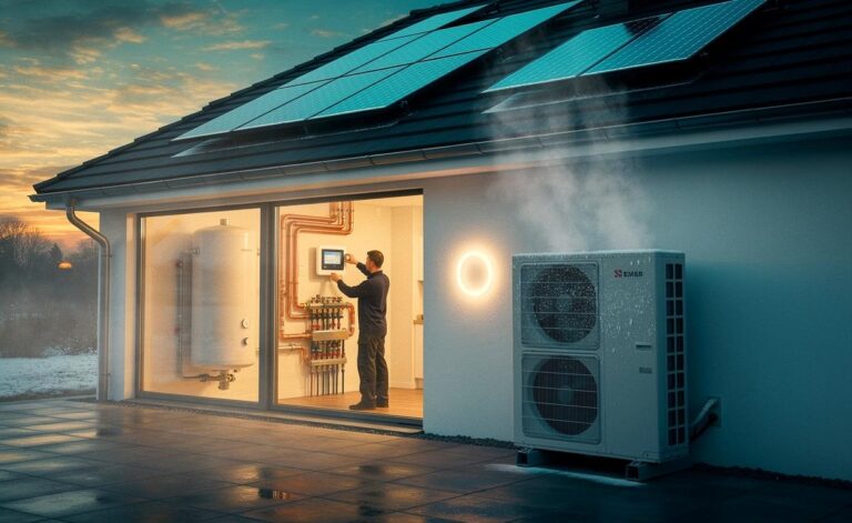 Illustration von förderfähigen, umweltfreundlichen Heizsystemen ab 2025 – Wärmepumpe, Solarthermie und erneuerbare Fernwärme – zur Senkung der Heizkosten