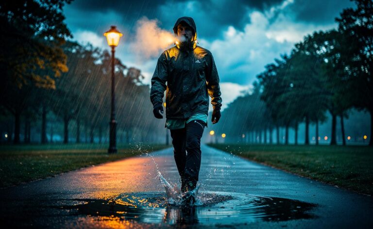 Illustration von [einem Spaziergänger im Regen mit wasserdichter Kleidung, Windböen und Pfützen – Darstellung von Thermoregulation zwischen Kühlung und Unterkühlungsrisiko]