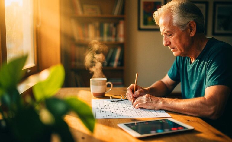 Illustration von einer Person ab 55 Jahren, die ein Kreuzworträtsel zur Förderung der mentalen Fitness löst