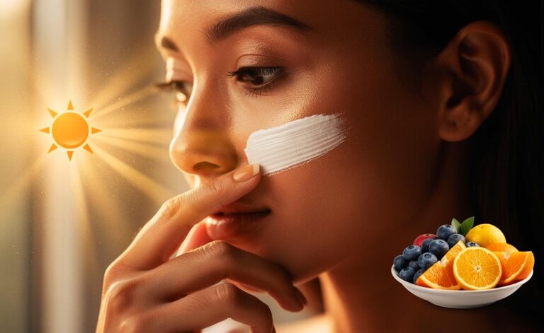Illustration von einer Frau, die Sonnencreme im Gesicht aufträgt, während im Hintergrund symbolisch die schädlichen UVA/UVB-Strahlen sowie positive Elemente wie Antioxidantien aus Obst dargestellt sind.