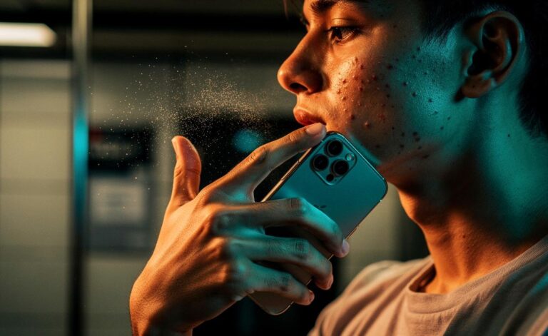 Illustration von einer Person, die ihr Gesicht mit der Hand berührt – Keimtransfer als versteckte Ursache für Akne