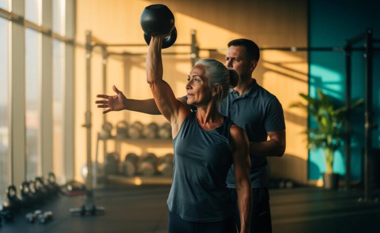 Illustration von einer älteren Person beim Überkopfdrücken mit korrekter Skapulakontrolle und thorakaler Extension unter Anleitung eines Physiotherapeuten