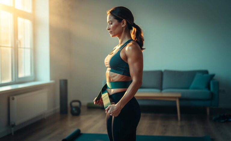 Illustration von einer Person, die mit einem Gurt unterhalb des Nabels in Neutralstellung 360‑Grad in den Rumpf atmet, um die tiefe Rumpfmuskulatur isometrisch zu aktivieren