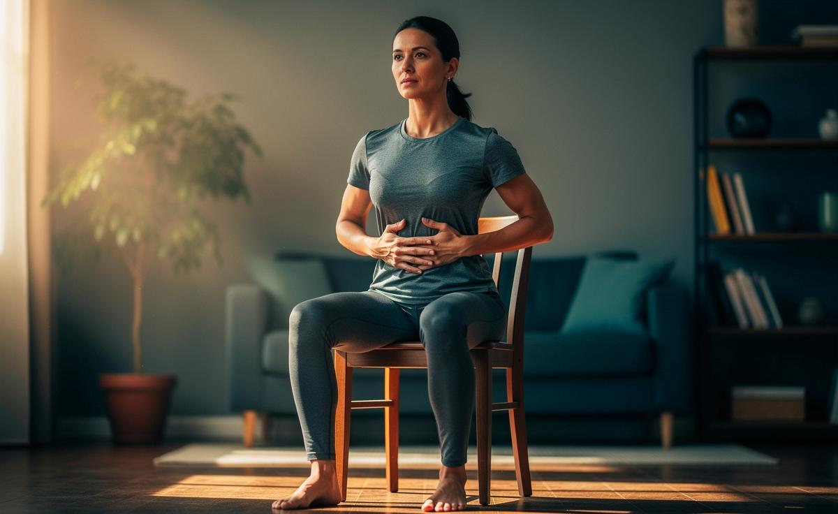 Laut Physiotherapeuten stärkt diese kurze Übung mit dem Stuhl die tiefe Bauchmuskulatur sichtbar.