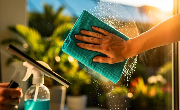 Illustration von streifenfreier Fensterreinigung mit Mikrofasertuch statt Papier