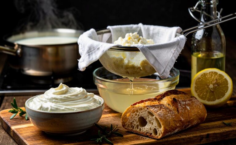 Illustration von cremigem Frischkäse aus zwei Zutaten ohne Maschine, mit Milch und Zitronensaft oder Weißweinessig, abgetropft im Käsetuch