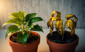 Illustration von einer verwelkten Zimmerpflanze in einem nassen Topf neben einer gesunden Pflanze in ideal feuchter Erde, die den Kontrast zwischen Überwässerung und richtiger Pflege zeigt.