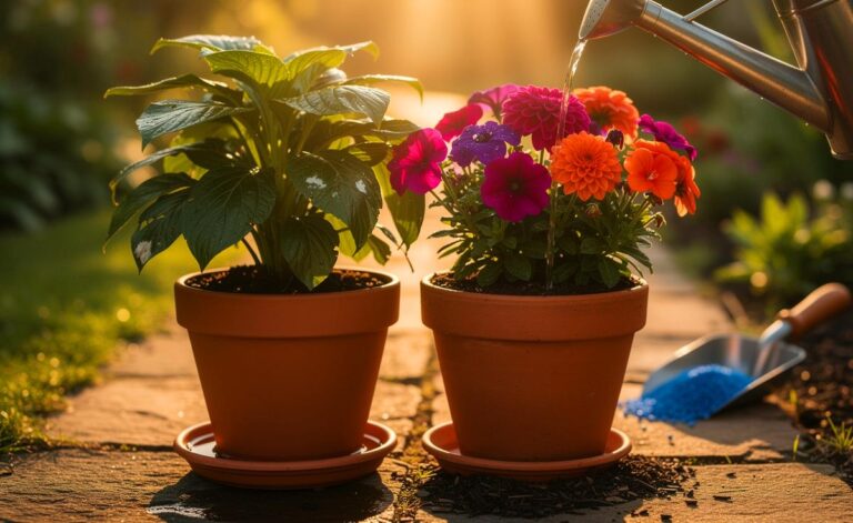 Illustration von zwei Gartenfehlern – Gießen nach Uhr und stickstofflastiges Düngen – und ihrem Einfluss auf prächtige Blumen