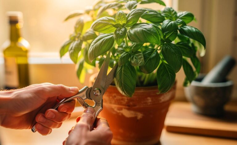 Illustration von richtigem Basilikum-Schnitt oberhalb eines Blattknotens für buschiges Wachstum und prallere Blätter