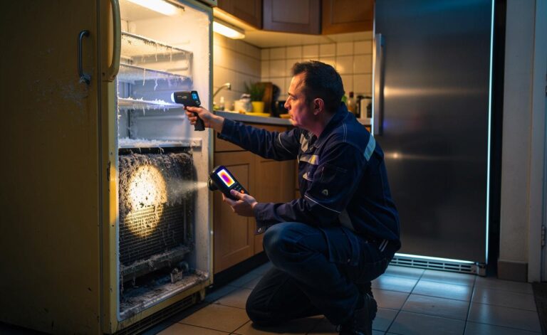 Illustration von einem Techniker, der an einem alten Kühlschrank den hohen Energieverbrauch erläutert und den Wechsel auf ein effizientes Modell mit EU‑Energielabel empfiehlt