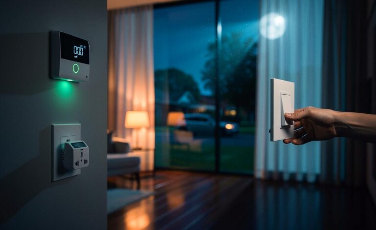 Illustration von einem Haus bei Nacht mit ausgeschalteten Lichtern und deutlich reduzierter Stromrechnung