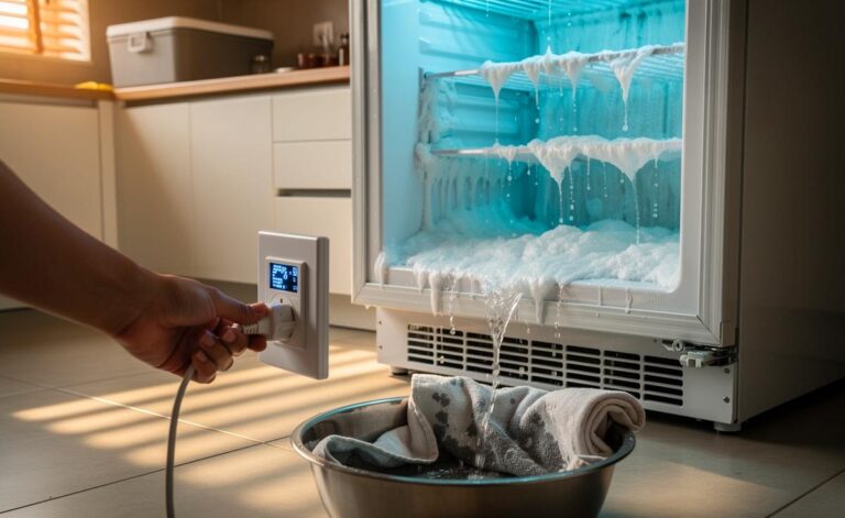 Illustration von monatlichem Ausschalten und Abtauen eines Kühlschranks zur Senkung von Energieverbrauch und Stromkosten