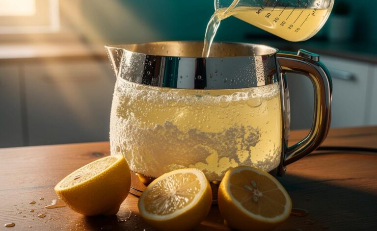 Illustration von einem verkalkten Wasserkocher, der mit Zitronensaft entkalkt wird