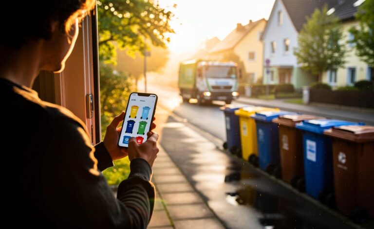 Illustration von einer morgendlichen Überprüfung allgemeiner Recyclingregeln mit Abfall-App, Abfallkalender und korrekt bereitgestellten Tonnen für Gelbe Tonne, Papiertonne und Biotonne
