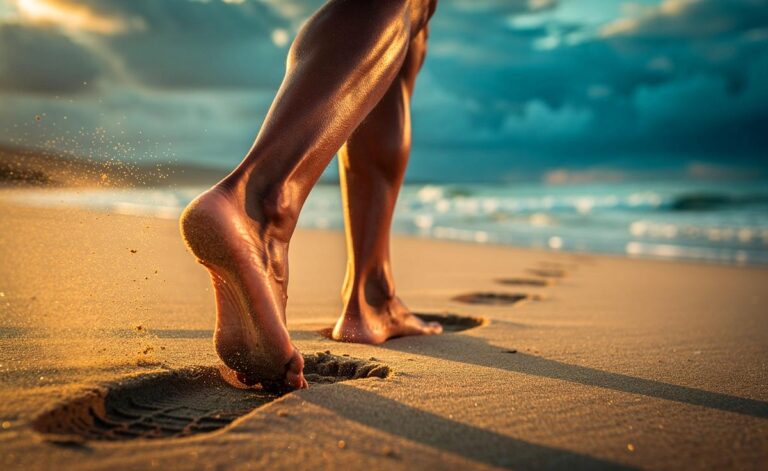 Illustration von Gehen auf Strandsand zur Steigerung des Muskelaufbaus der Beine um bis zu 50 %