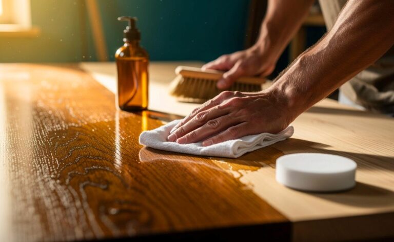 Illustration von einem Schreiner, der einen Massivholztisch fachgerecht mit Holzöl in dünnen Schichten mittels Tuch und Polierpad pflegt