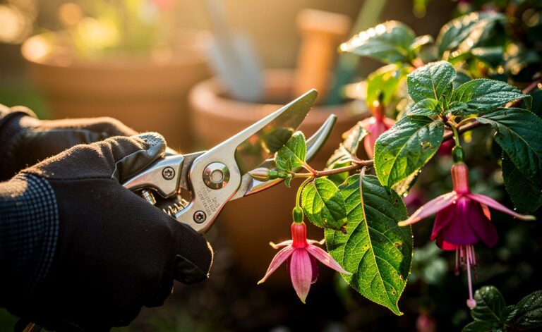 Illustration von richtigem Rückschnitt von Fuchsien im Frühjahr für buschigen Wuchs und mehr Blüten im nächsten Jahr