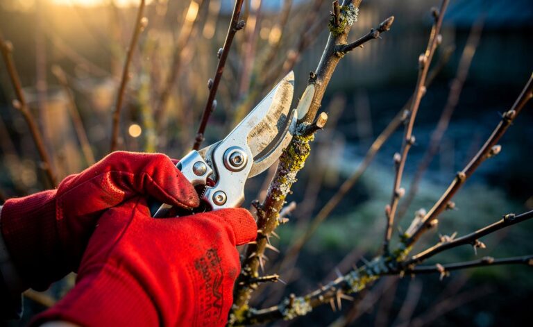 Illustration von fachgerechtem Stachelbeerschnitt im Spätwinter zur Förderung großer Früchte und gesunder Sträucher