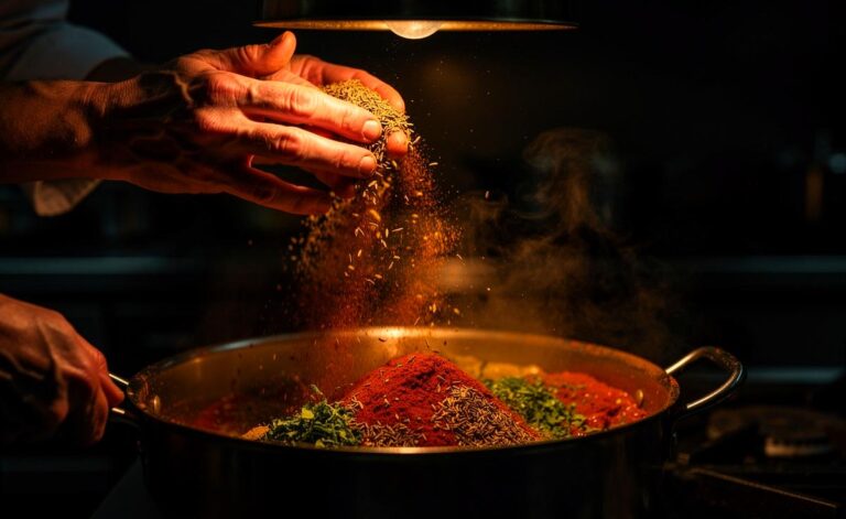 Illustration von Kochhänden, die Gewürze schichtweise über einem Topf mit einem köchelnden Gericht verteilen, um das Prinzip des Aromenschichtens zu veranschaulichen.